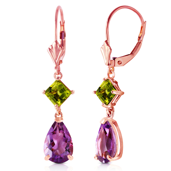 14K. GOLD LEVERBACK EARRING WITH AMETHYSTS & PERIDOTS (Rose Gold) - Picture 2 of 3